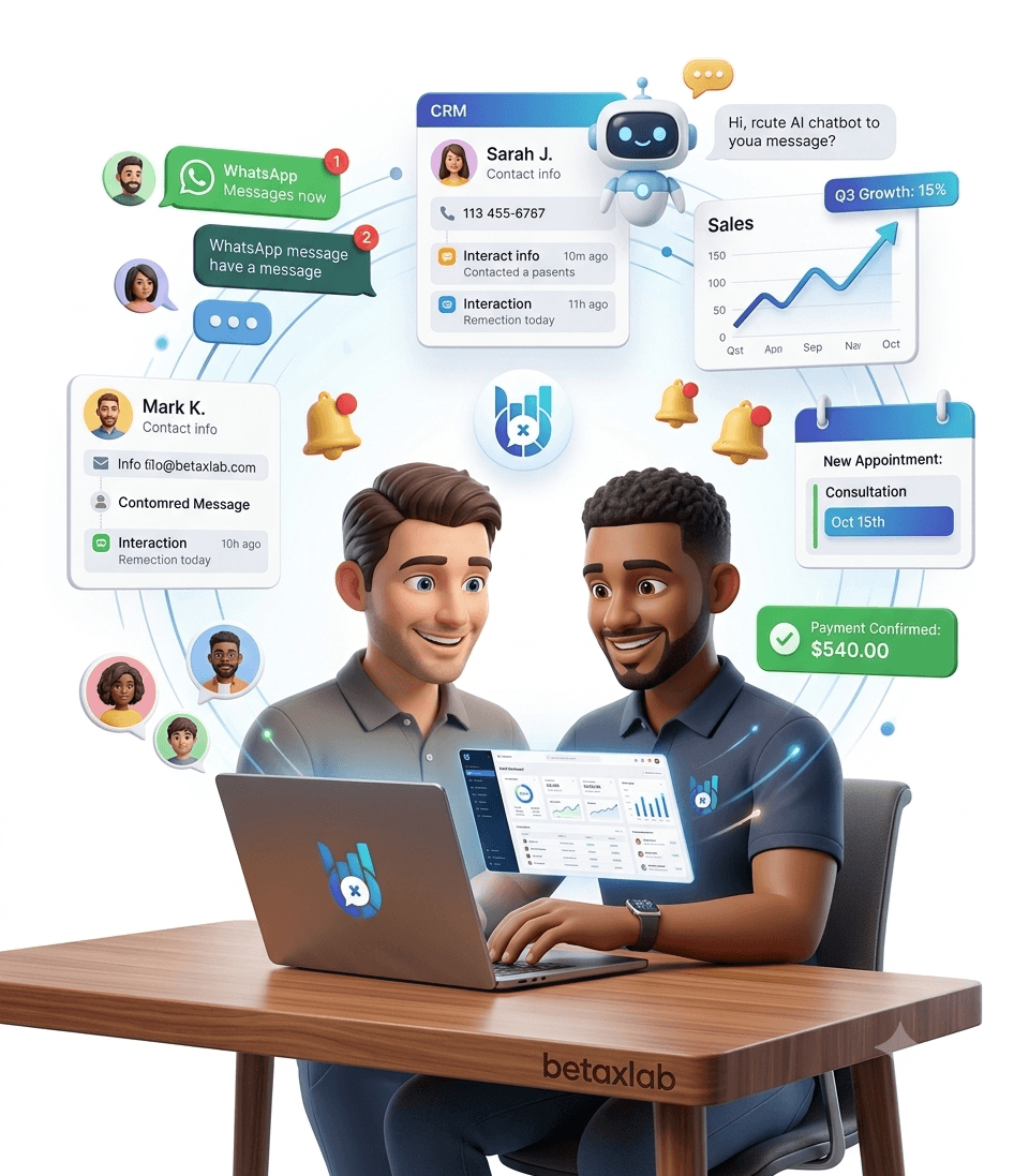 BetaXLab WhatsApp CRM for business owners Business owners using BetaXLab WhatsApp CRM to manage leads, AI chatbot, and customer communication